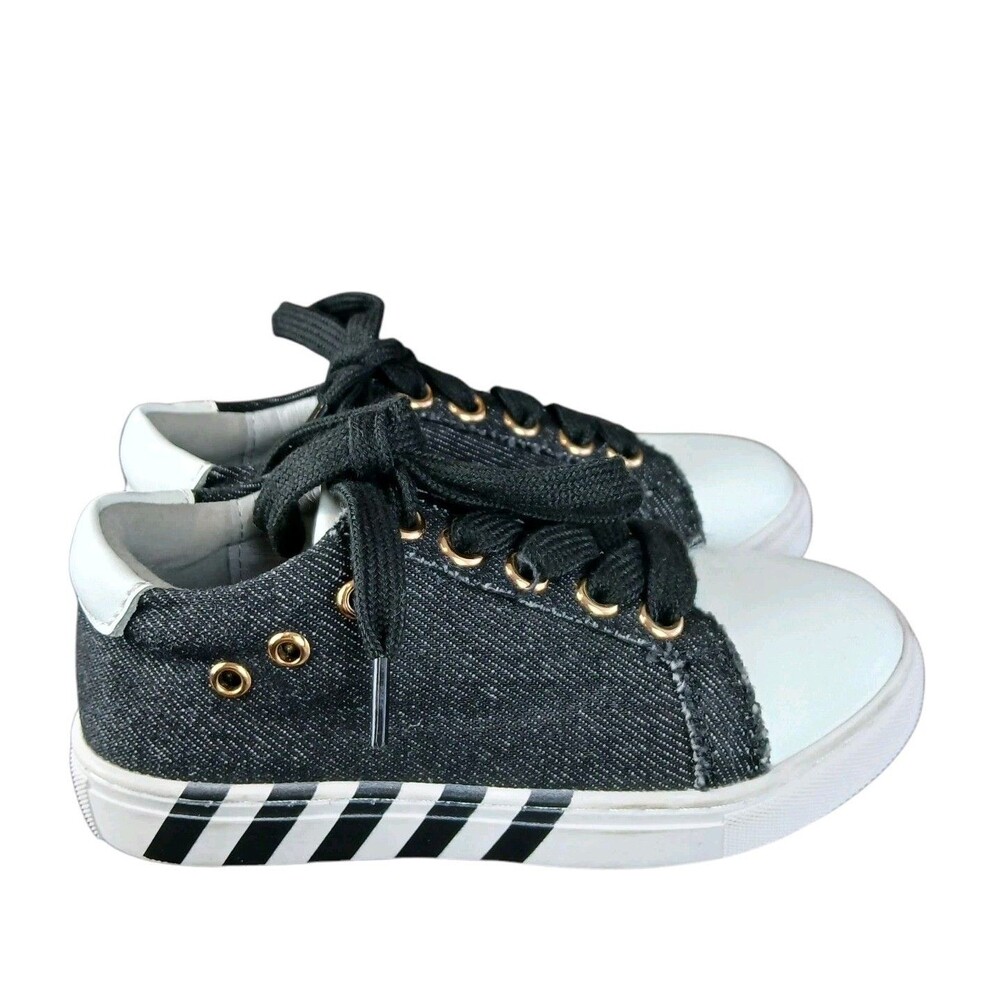 NEW Ruby Black‎ Denim White Gold Gromets Stripe Sneakers Toddler Size 26/9.5 US